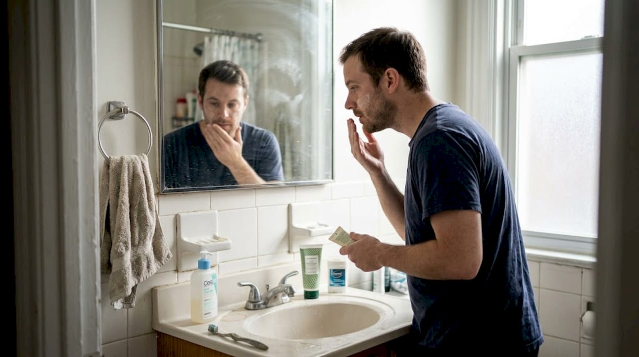 Man applies moisturizer at bathroom sink