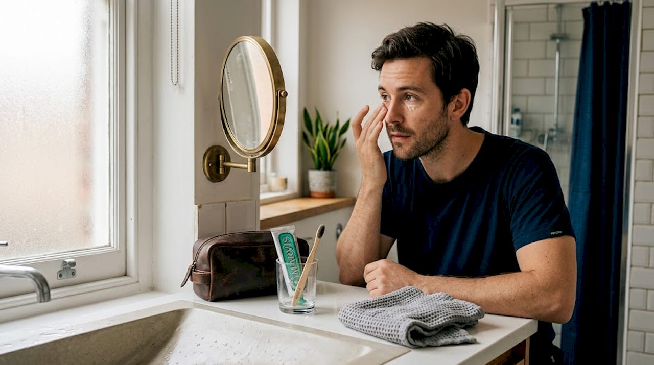 Man applies discreet makeup in apartment bathroom