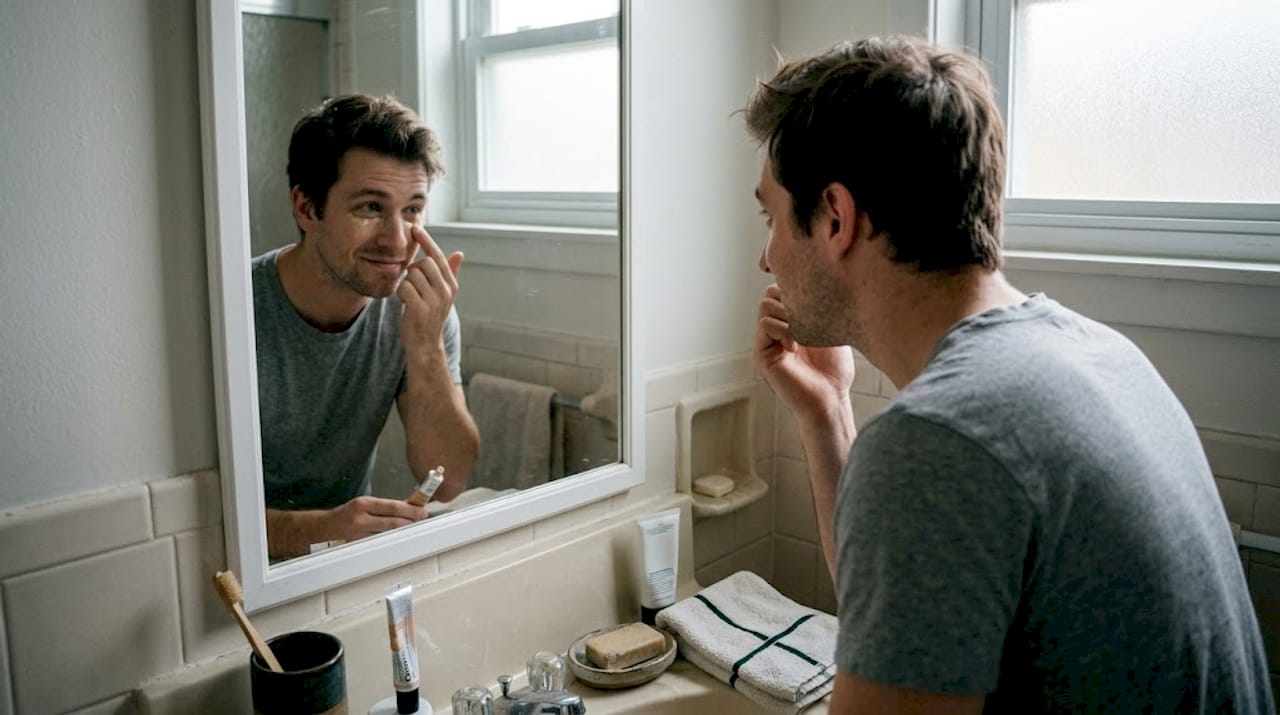 Man subtly applying makeup in simple bathroom