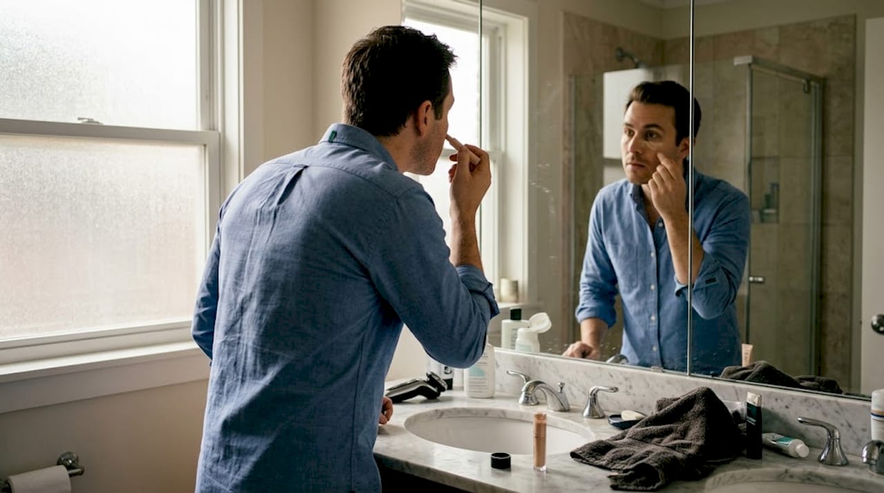 Man applies grooming product at sunlit bathroom sink