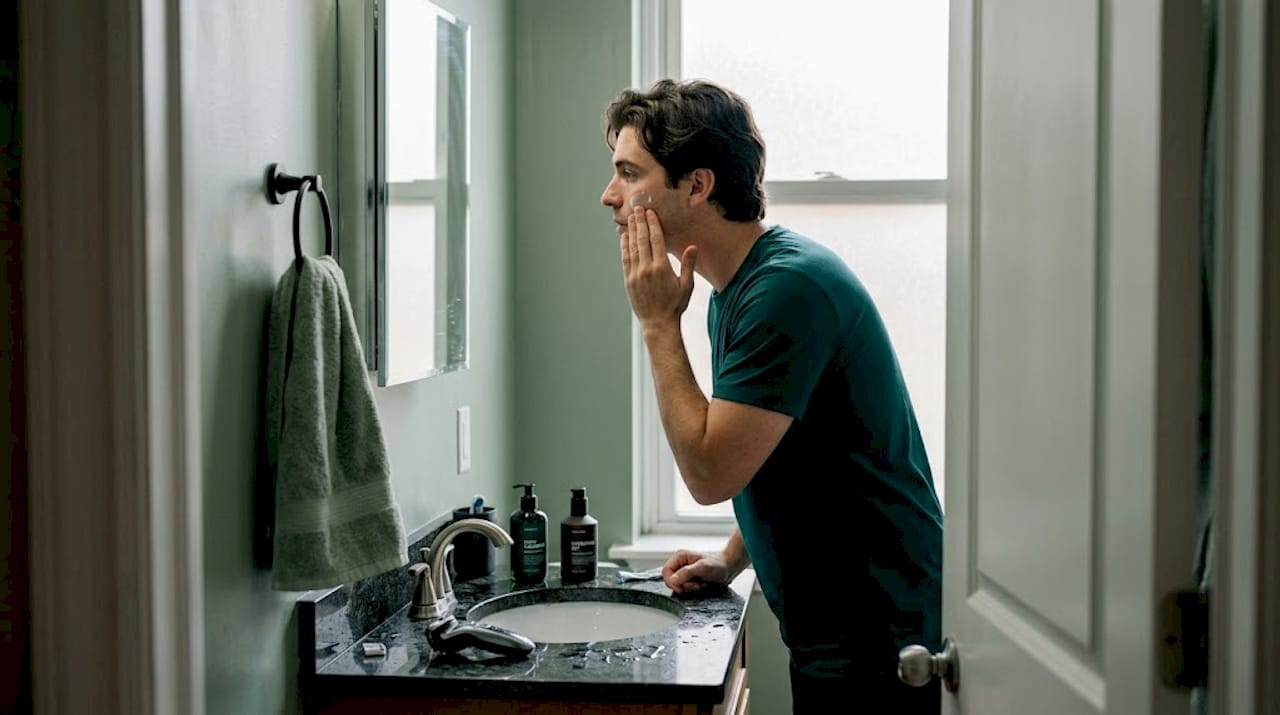 Man doing morning grooming routine at home