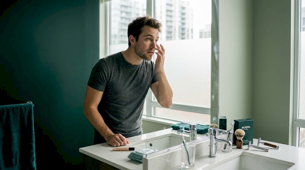 Man applying cosmetics in home bathroom