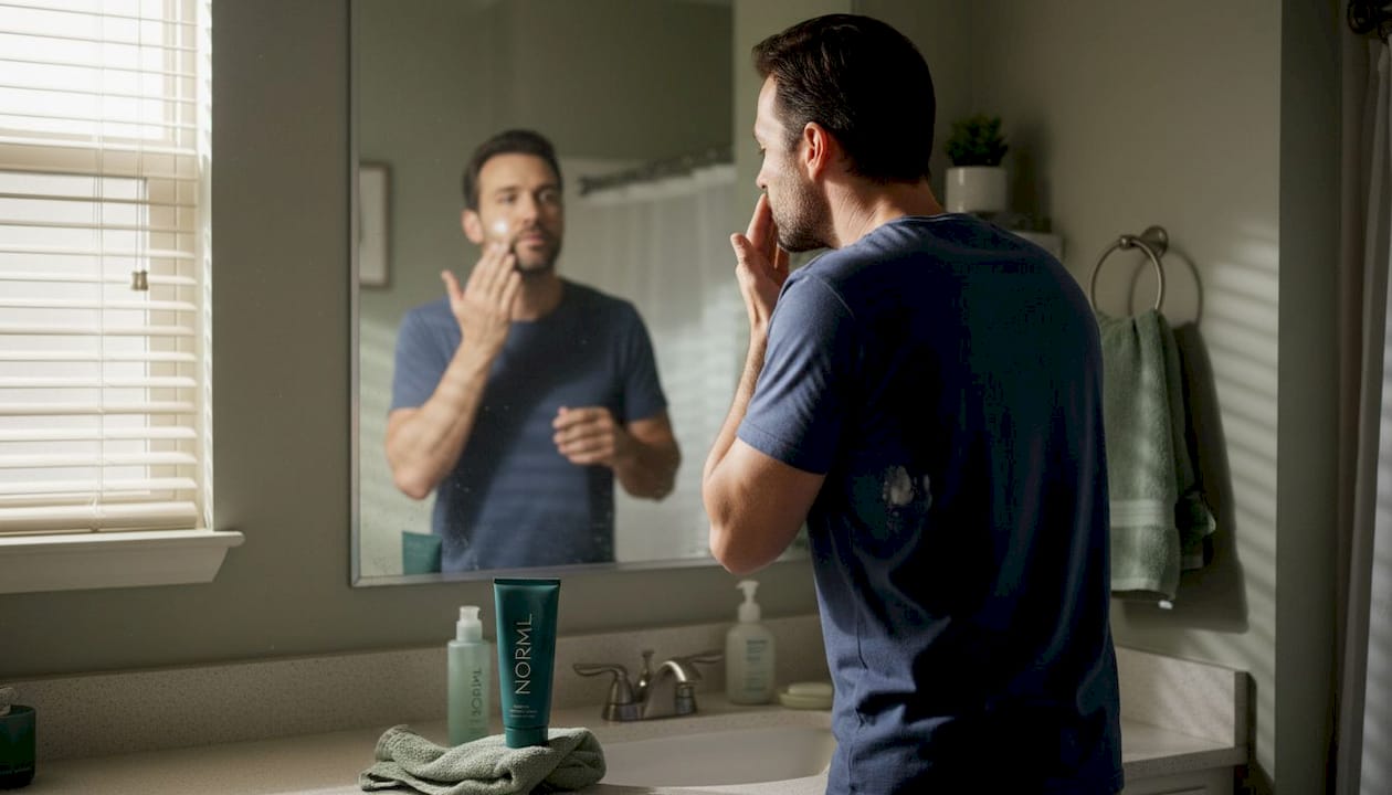 Man applying moisturizer in bathroom routine