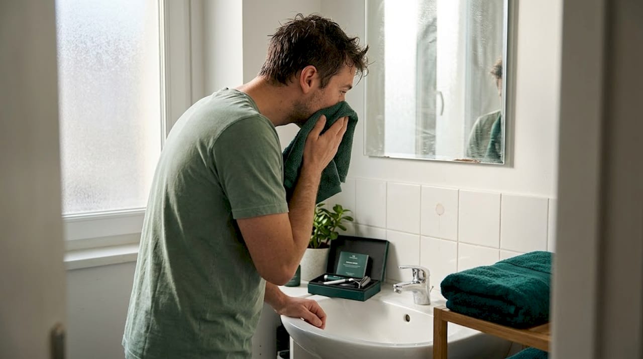 Man practicing morning grooming at bathroom sink