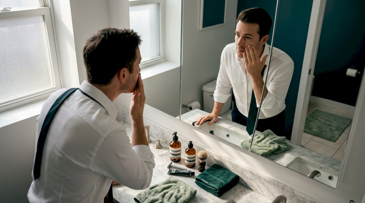 Man applying moisturizer before work in bathroom