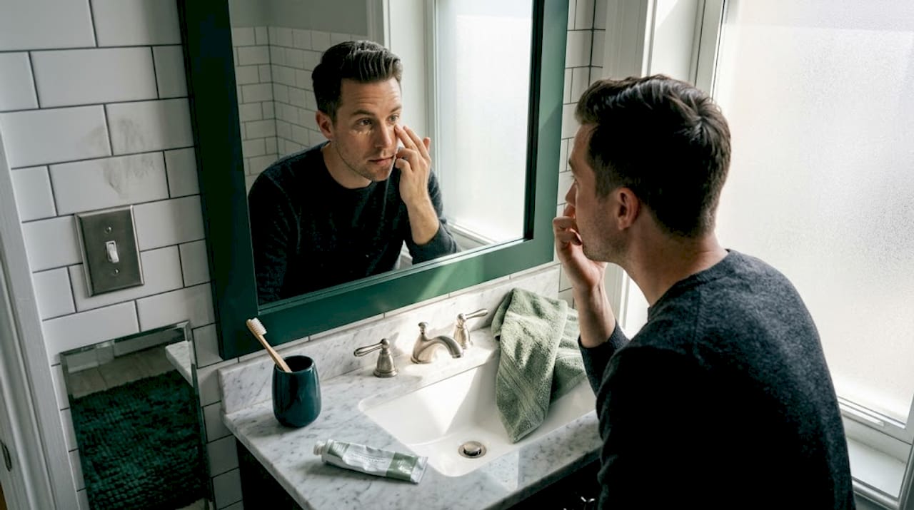 Man applies concealer at bathroom vanity
