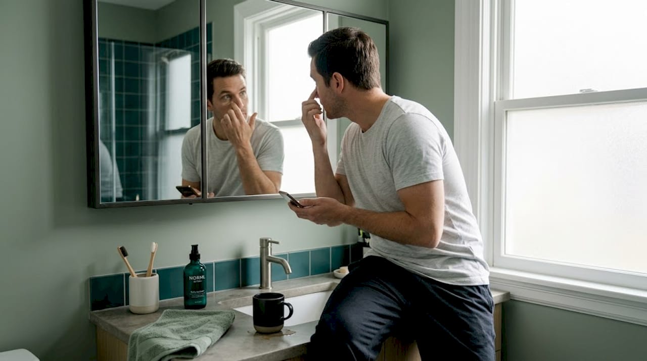 Man applying concealer in bathroom morning routine
