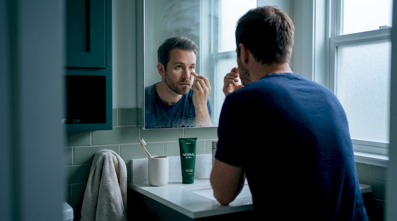 Man applying concealer in bathroom mirror