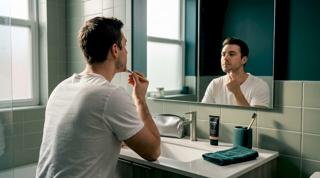 Man applying minimal makeup at vanity