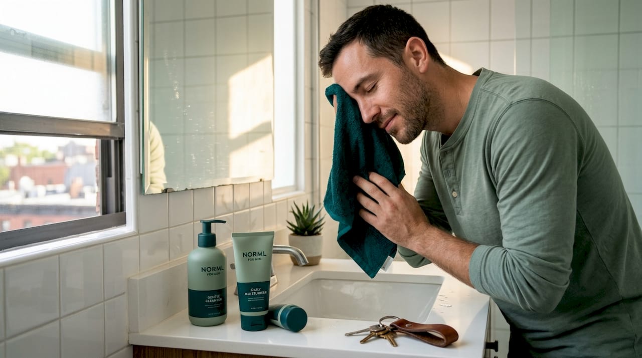 Man applying skincare during morning routine