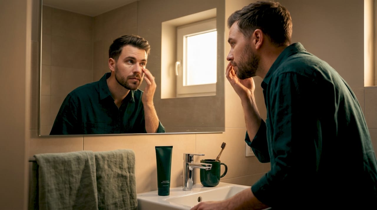 Man applying concealer at bathroom mirror