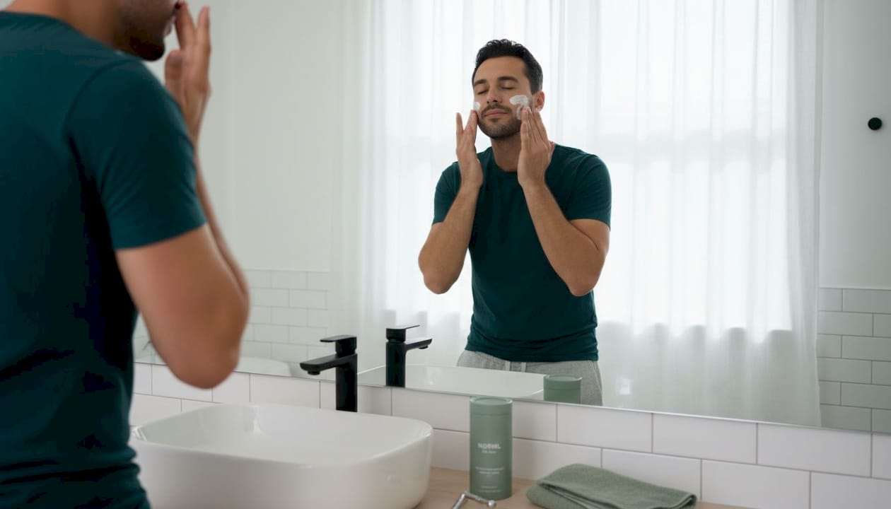 Man applying moisturizer during morning grooming