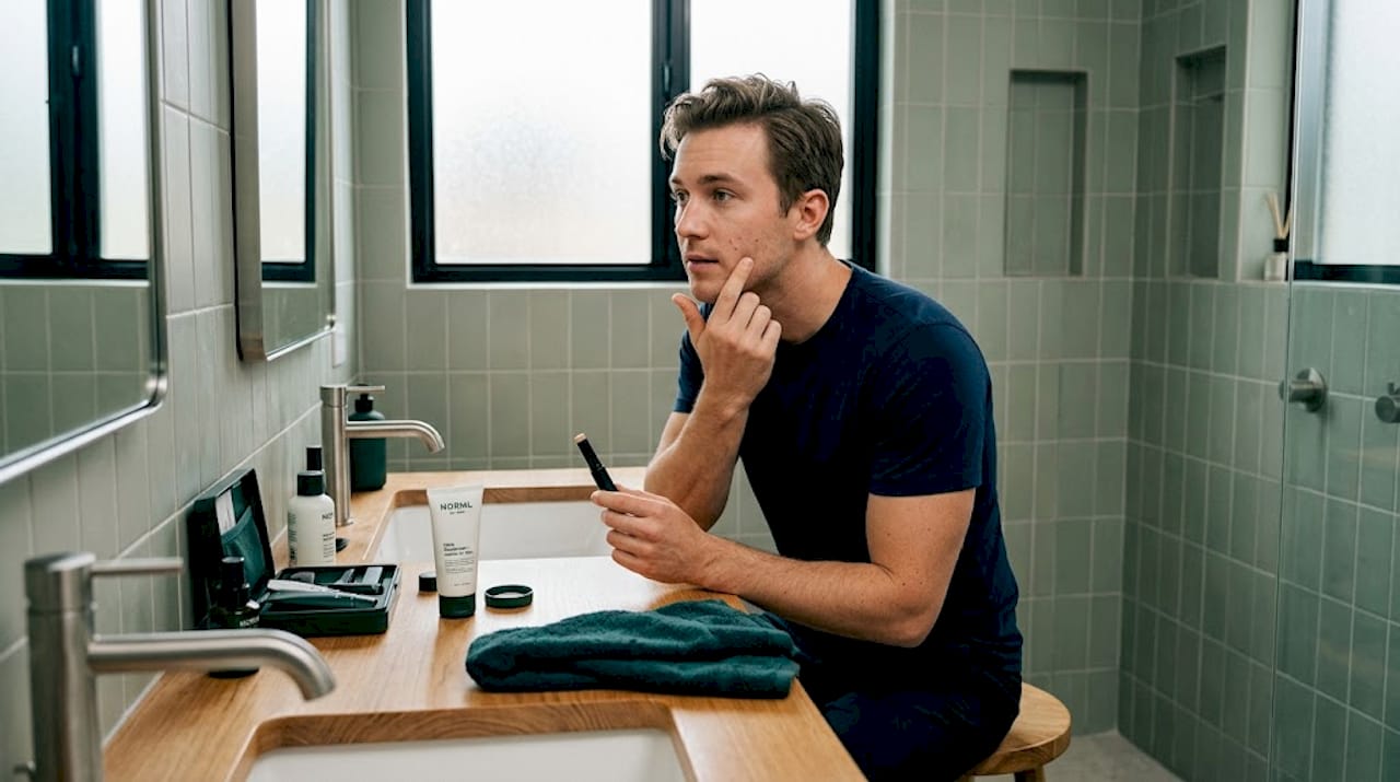 Man uses concealer during home grooming routine