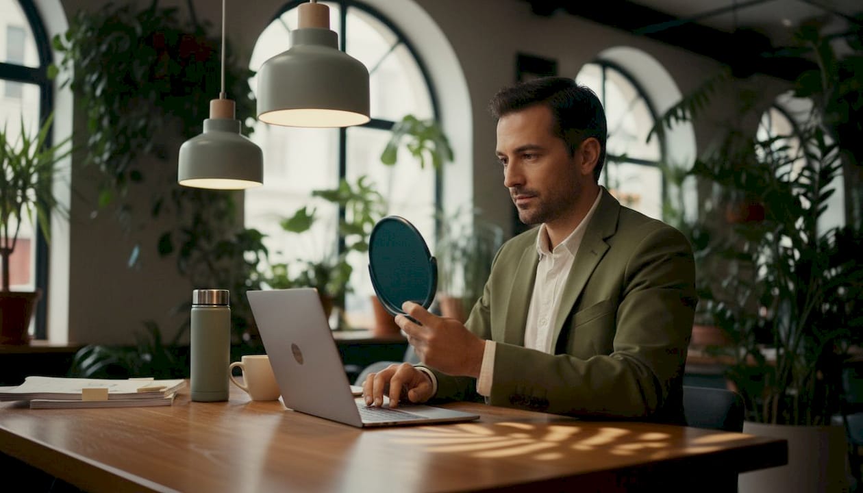 Man checking matte skin in office mirror