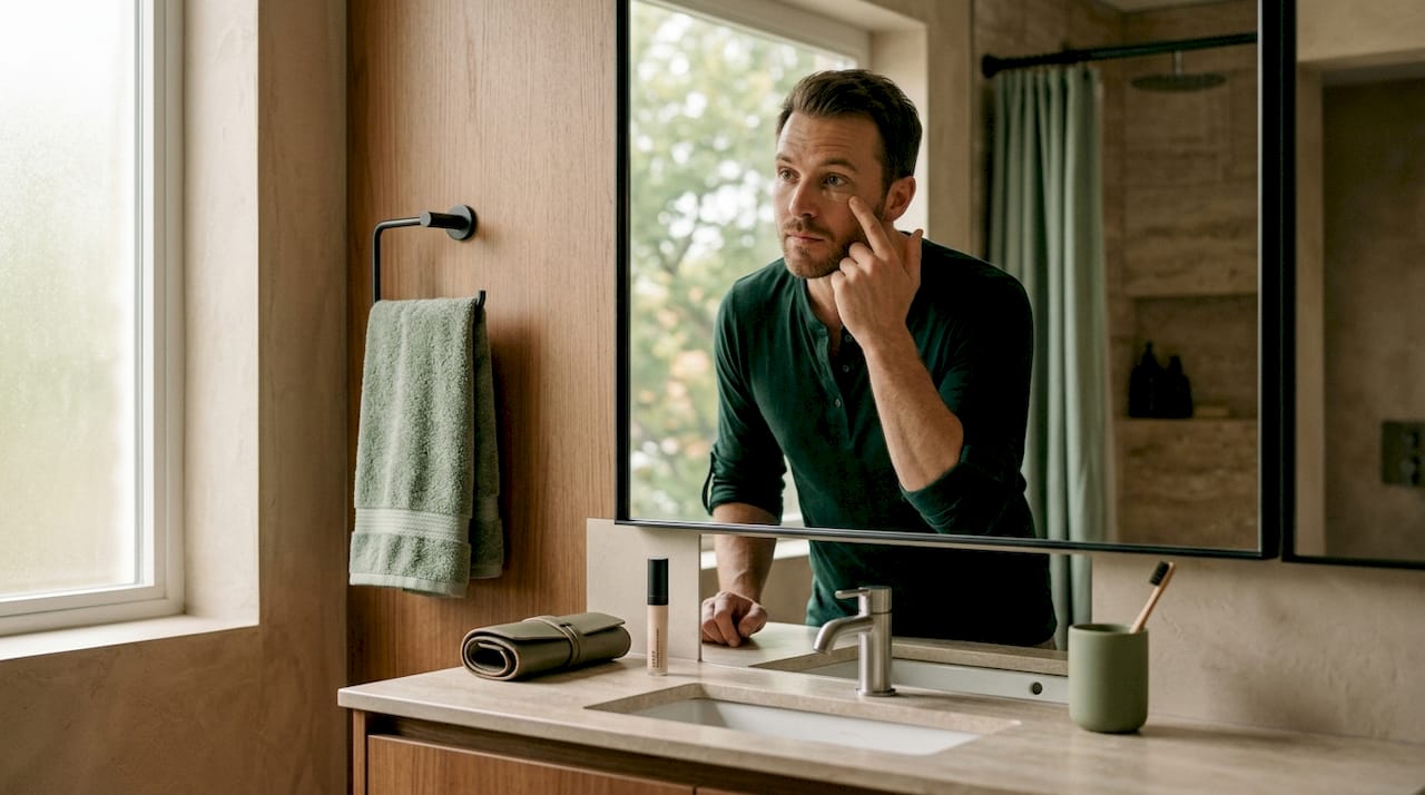 Man applying makeup in sunlit apartment bathroom