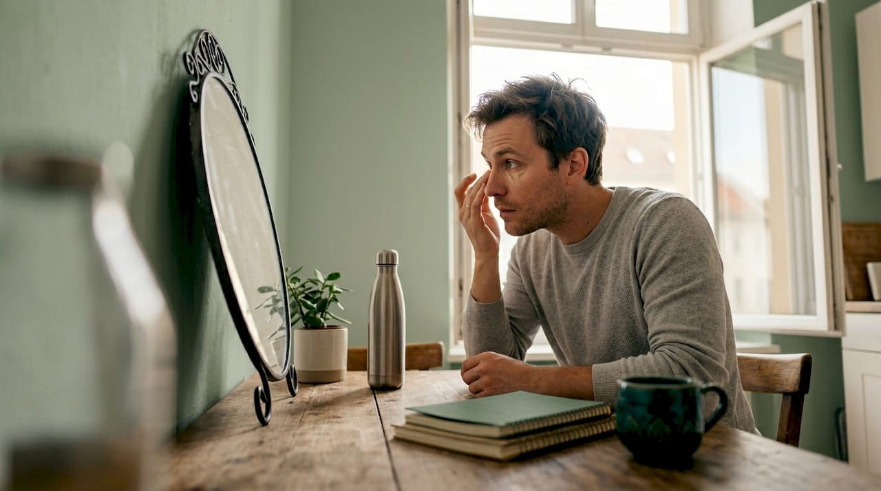 Man applying natural makeup in home kitchen