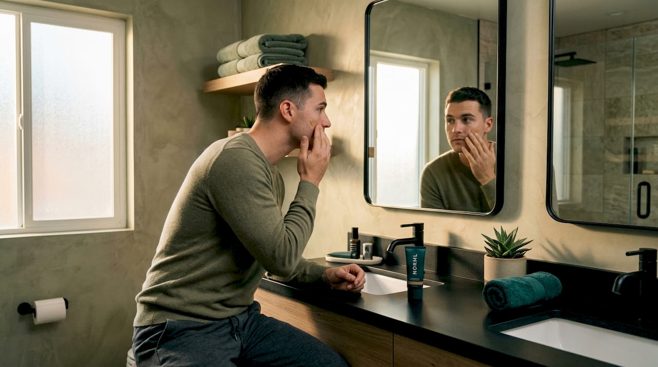 Man applies tinted moisturizer in living room