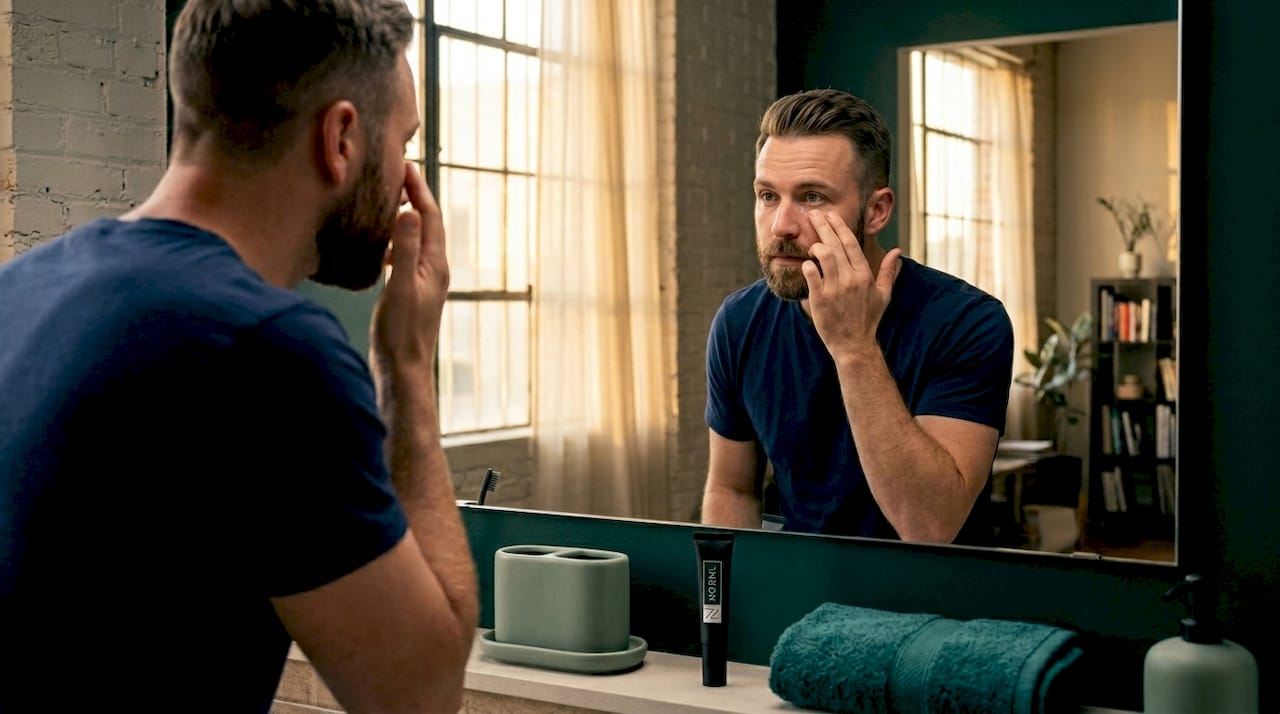 Man applying concealer in everyday bathroom setting