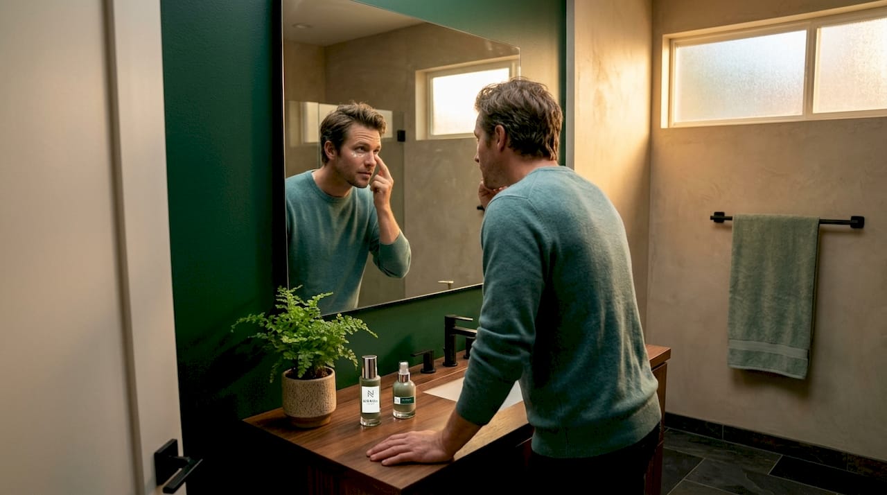 Man applying eye cream in sunny home bathroom