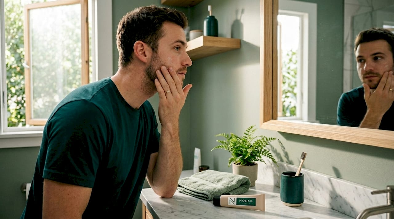 Man applying moisturizer during natural morning routine