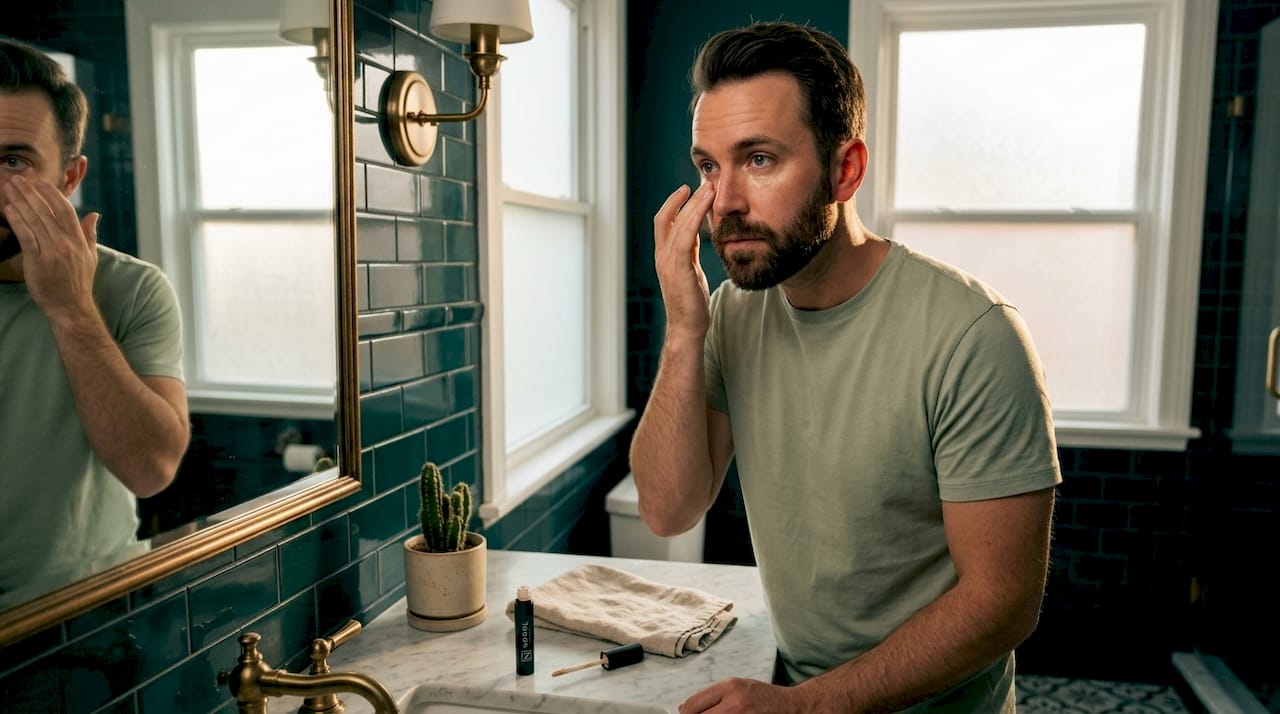 Man casually blending concealer at bathroom mirror