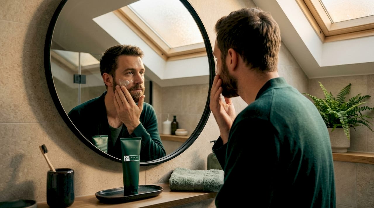 Man applying skincare in bright bathroom