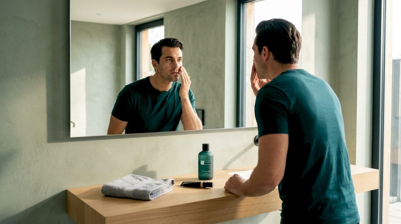 Man applying moisturizer at sunlit bathroom mirror