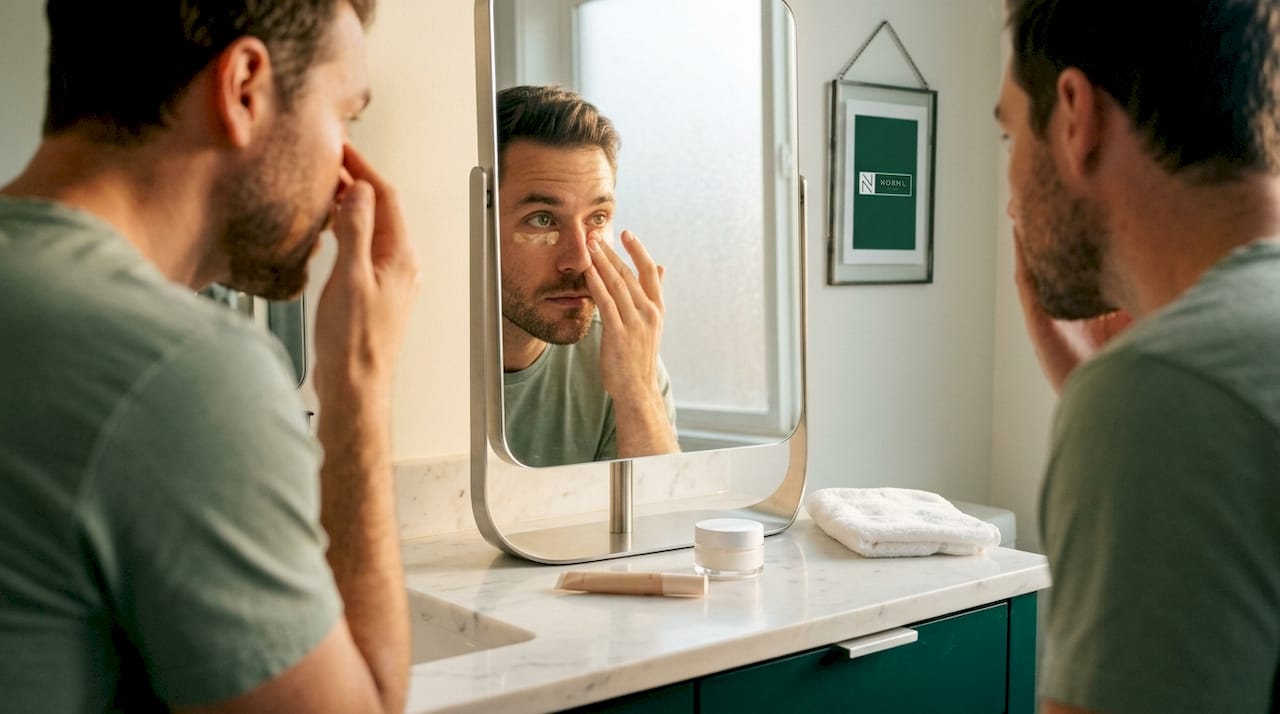 Man prepping skin before concealer application