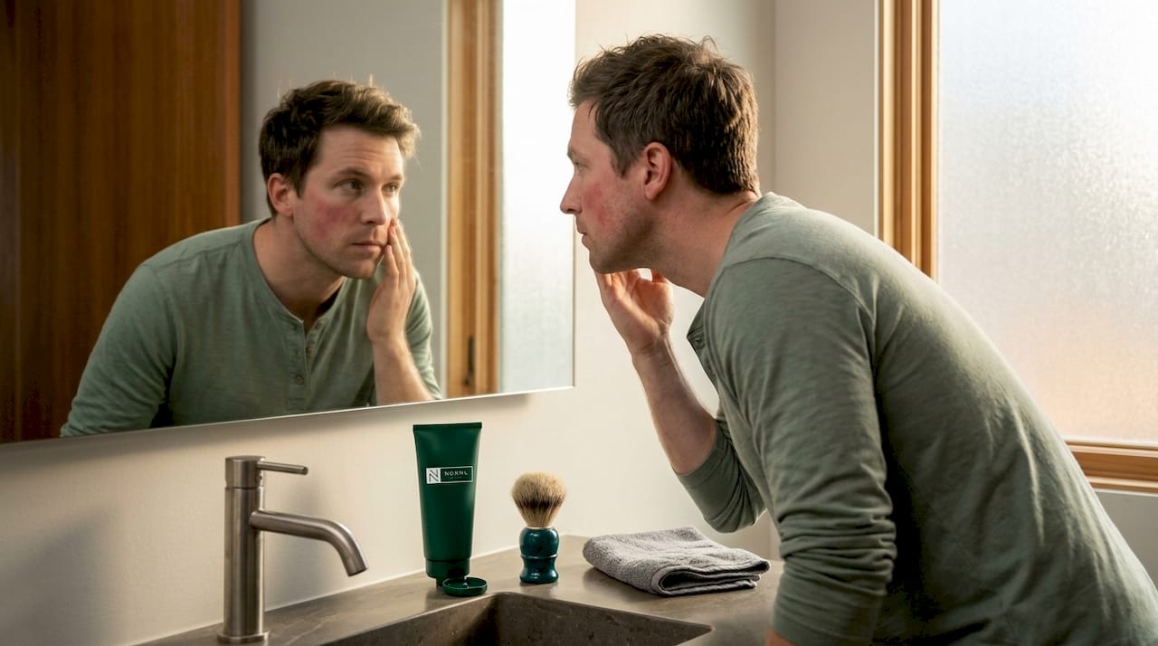 Man inspecting facial redness in mirror