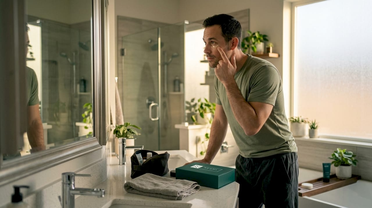 Man applies concealer in bathroom mirror