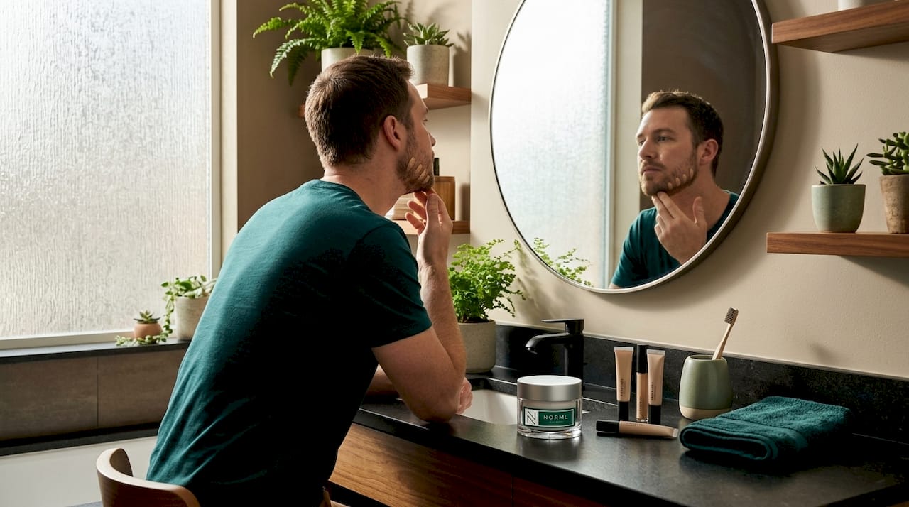 Man swatching concealer at bathroom vanity