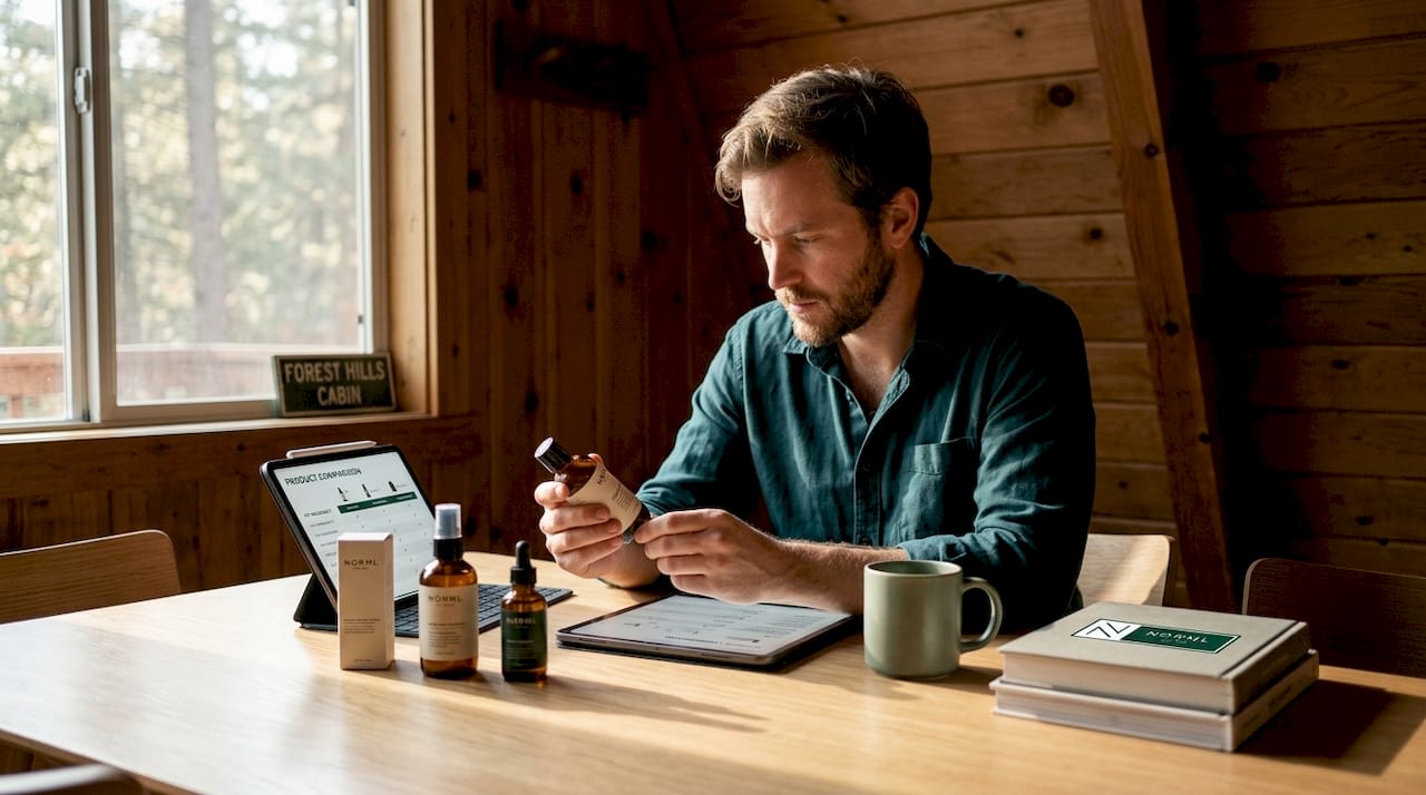 Man comparing grooming products at kitchen table