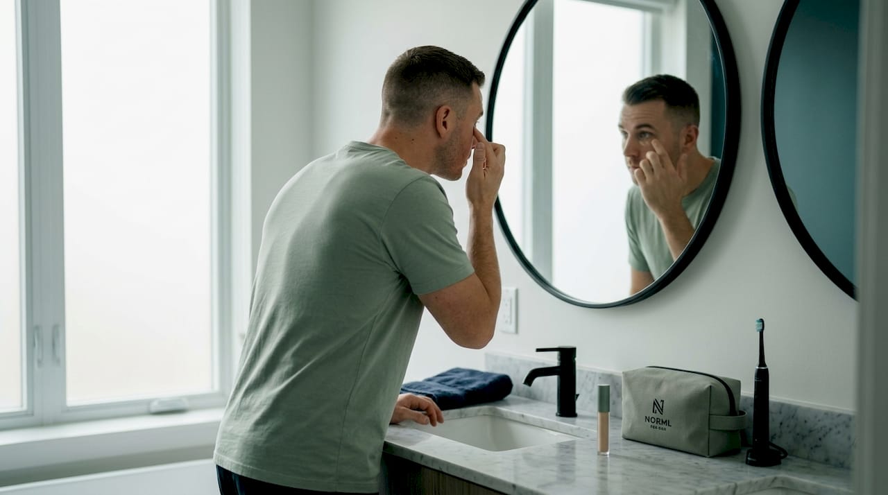 Man applying concealer at bathroom counter