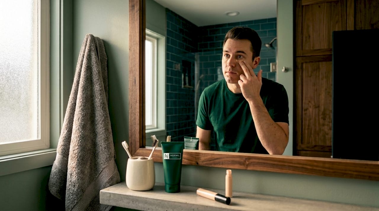 Man applies concealer during morning routine