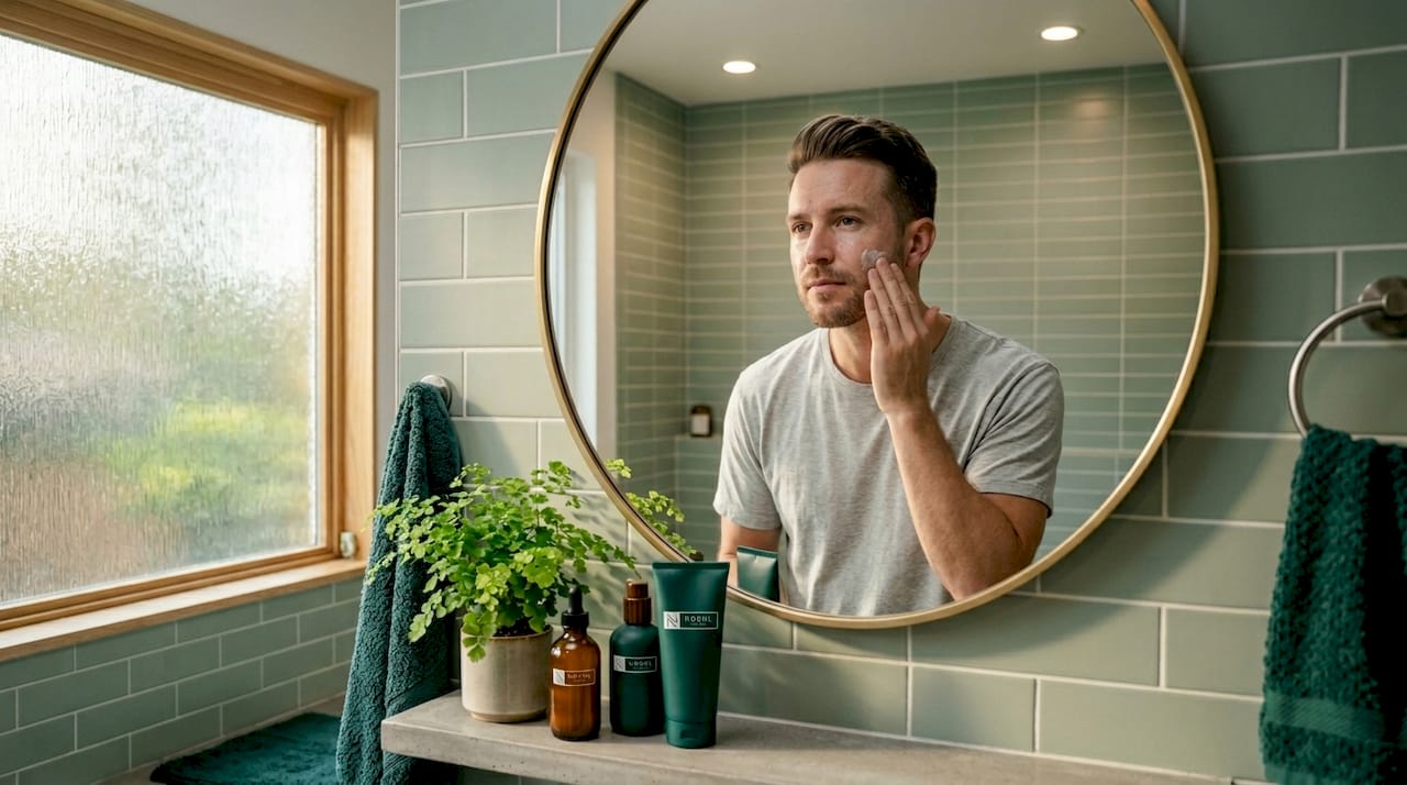 Man applying moisturizer in bathroom mirror