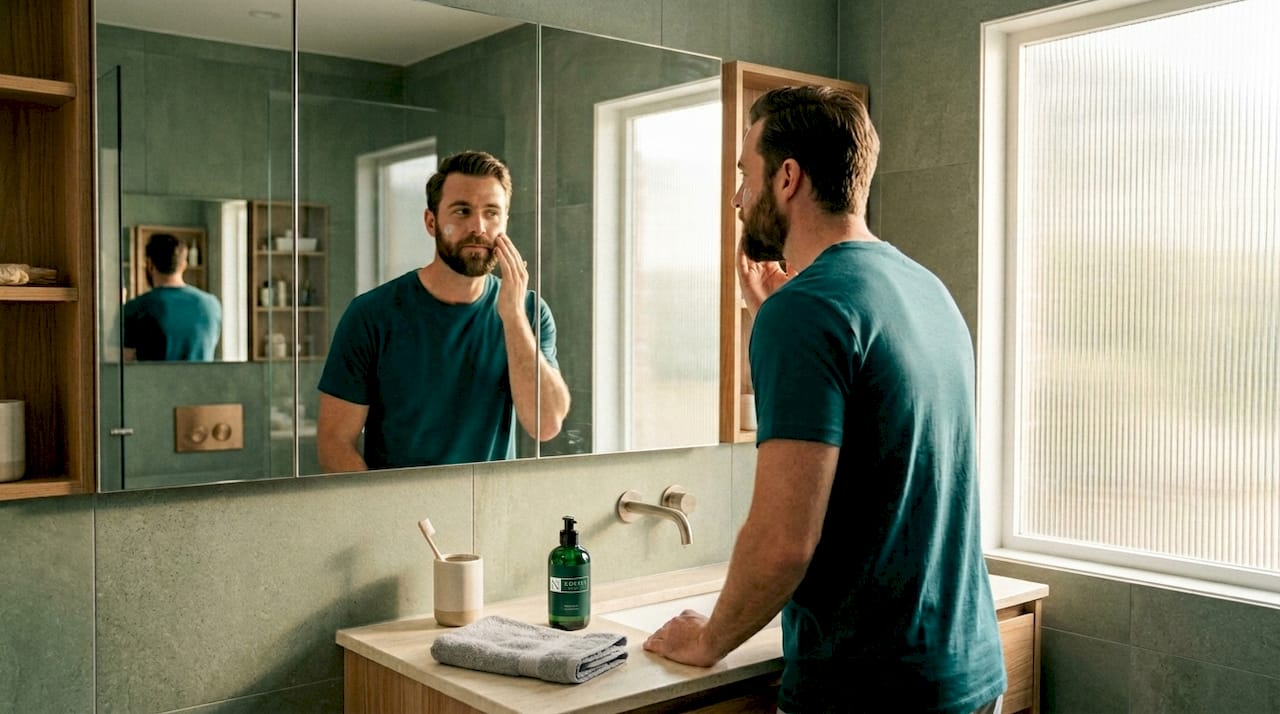 Man performing morning skincare routine