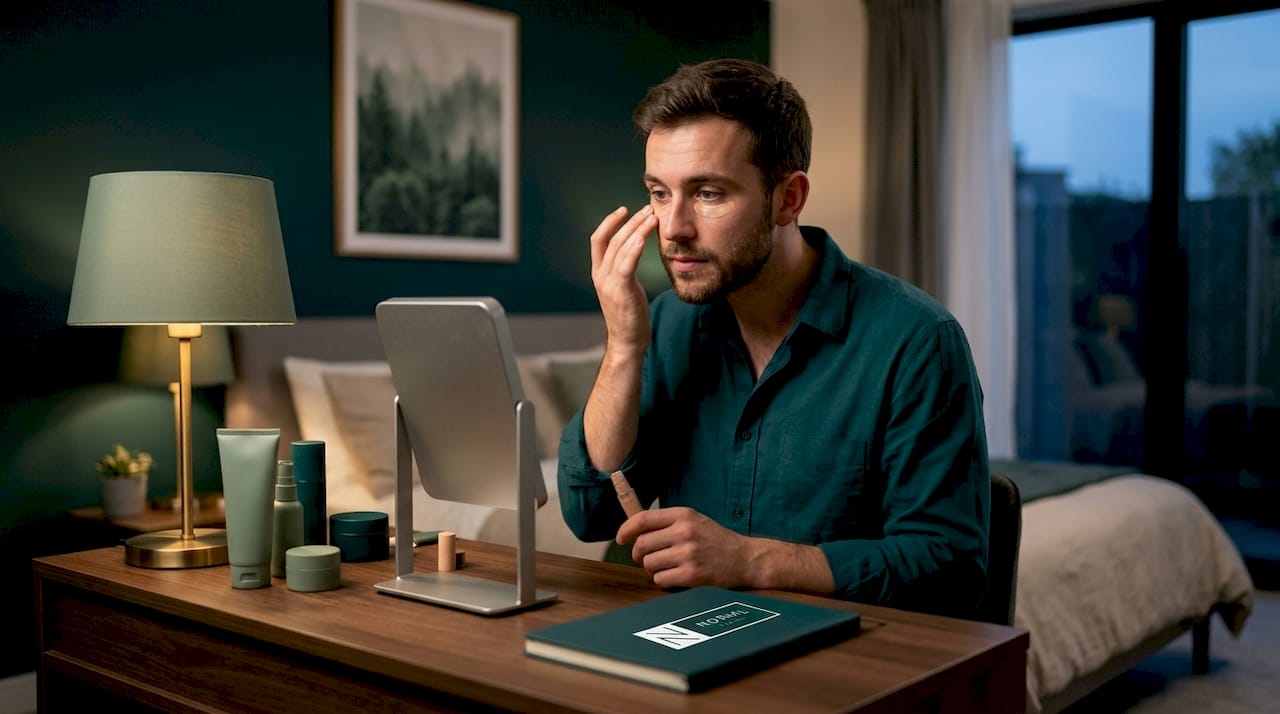 Man applying concealer at dressing table