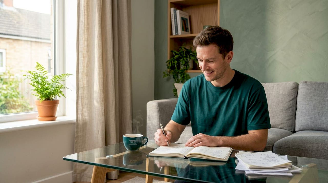 Confident man organizing planner at bright home office