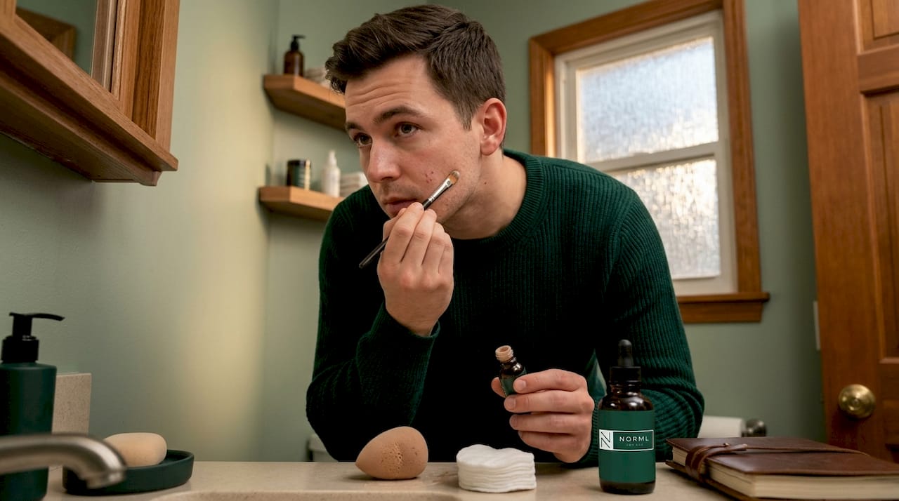 Man applying concealer on blemish in bathroom mirror