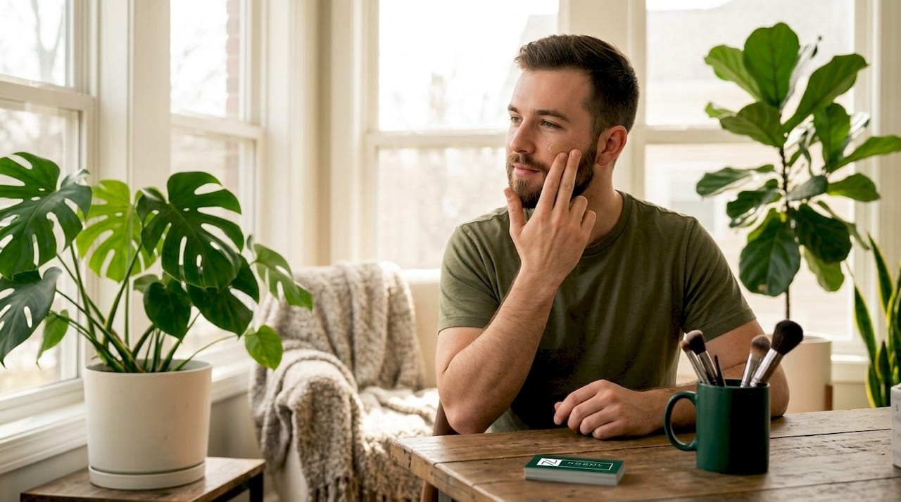 Man applying natural-looking makeup in bedroom