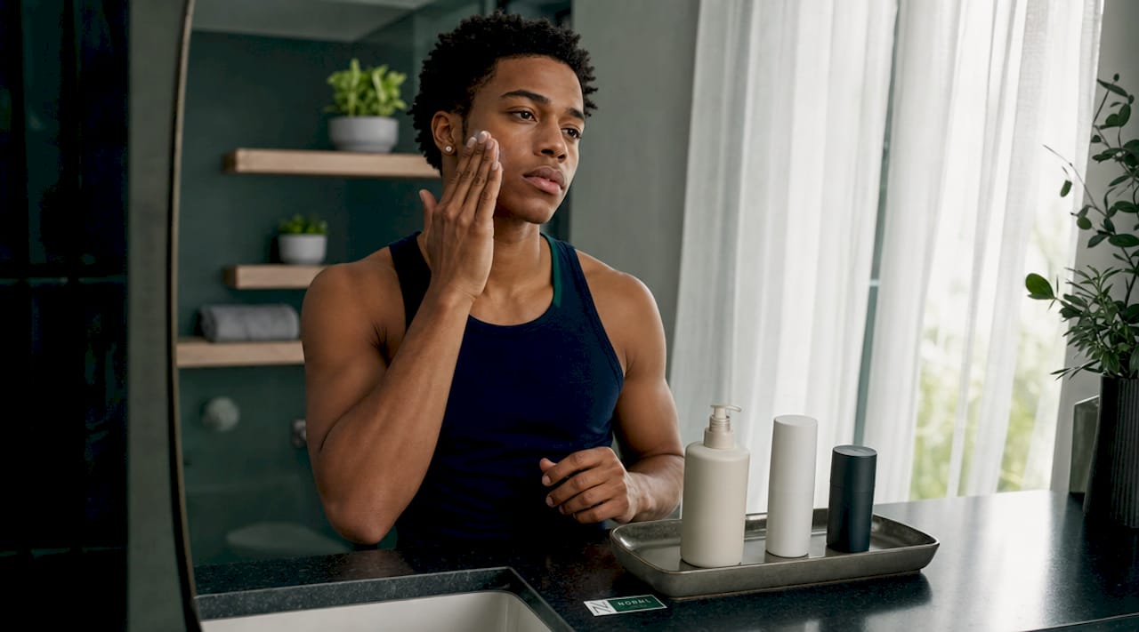 Man applying moisturizer in bathroom