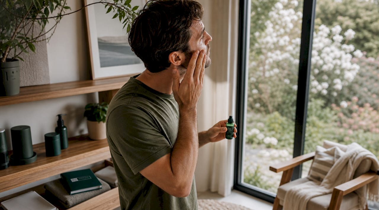 Man applying skincare serum at home