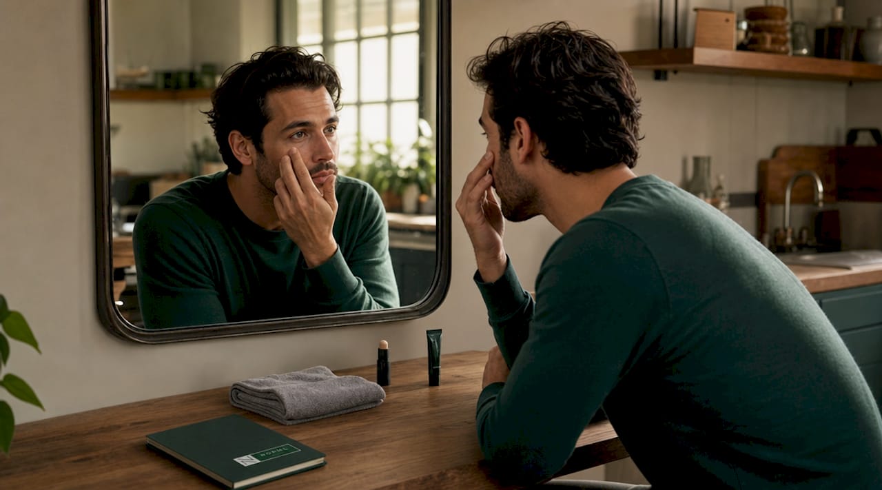 Man gently applying under eye concealer in bathroom