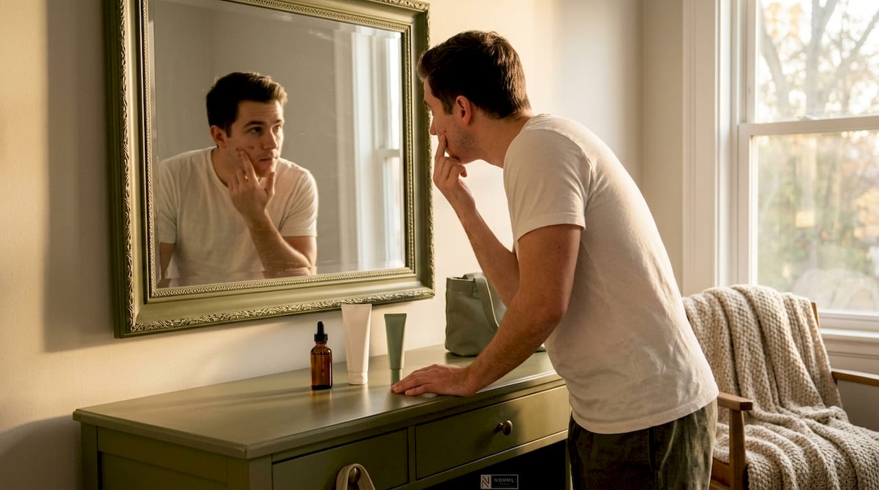 Man applying complexion correction makeup in bathroom