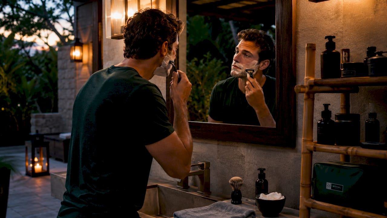 Man shaving face thoughtfully in bathroom