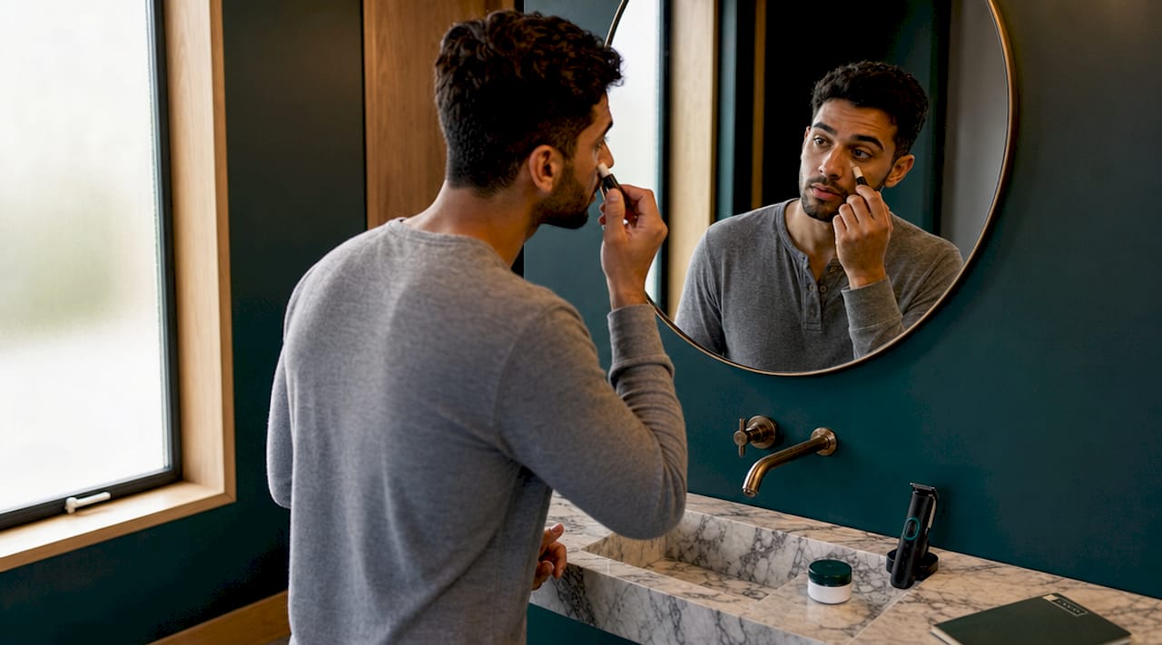 Man applying makeup concealer in bathroom mirror