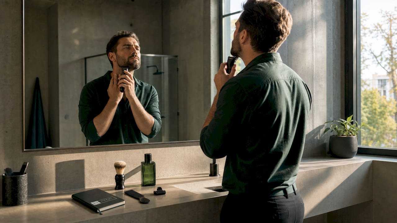 Man grooming beard in bathroom mirror