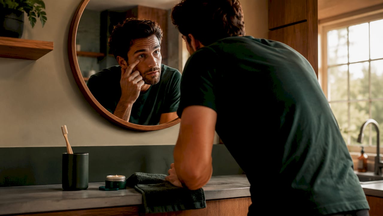Man examining dark circles in mirror