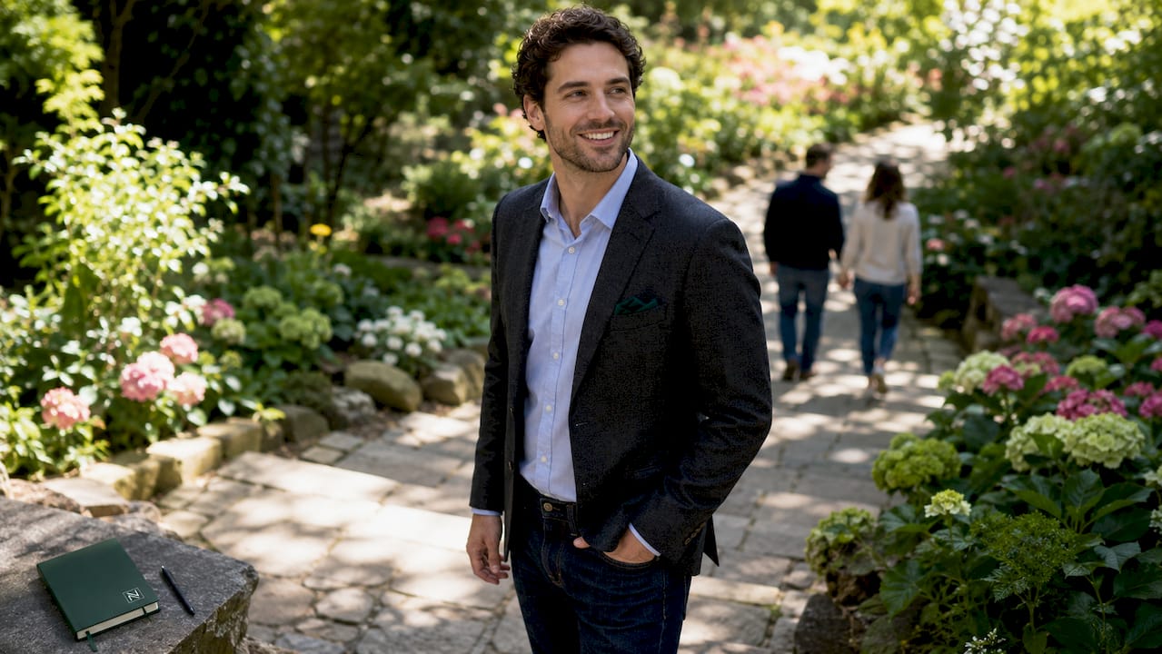 Man standing confidently outdoors in urban park