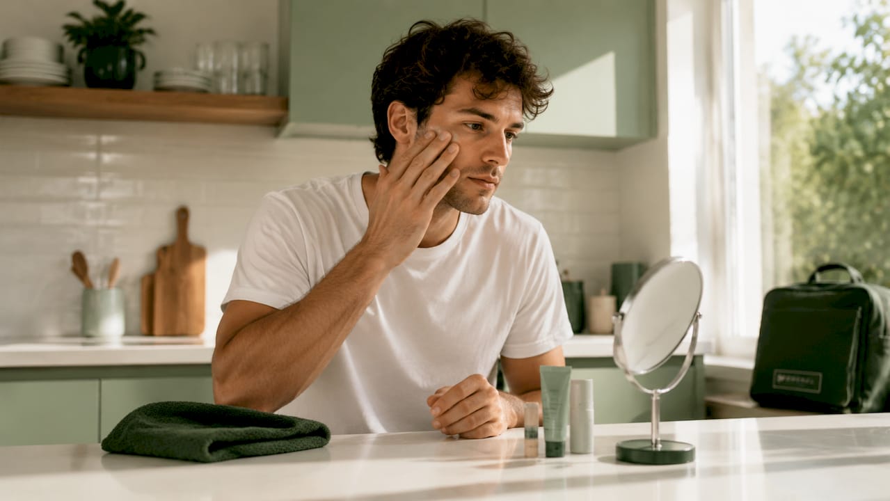 Man applying natural makeup at home vanity